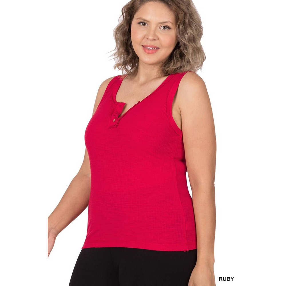 Womens Ribbed Fitted Tank Top Button Placket Raw Seams Plus Ruby Red